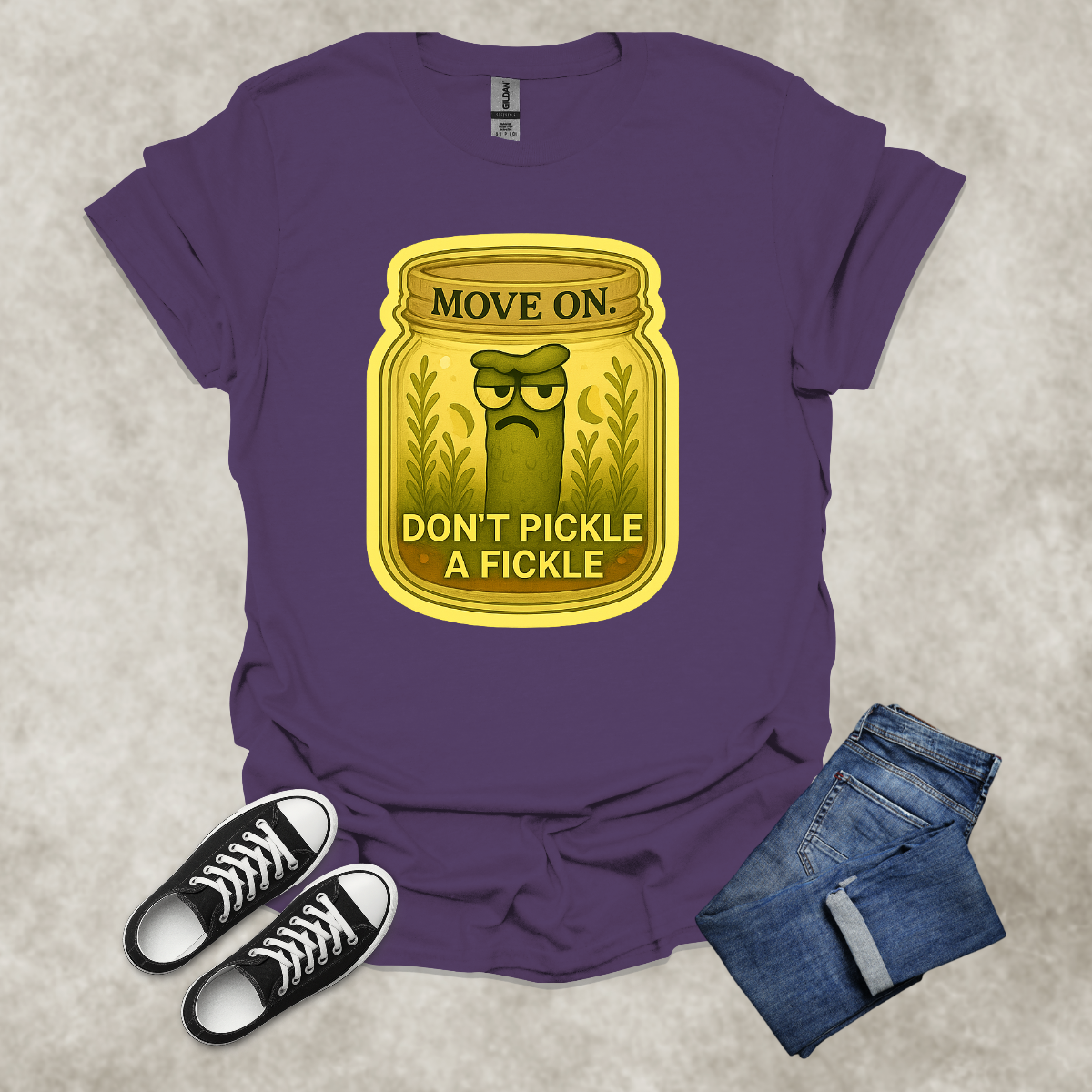 MOVE ON: DON’T PICKLE A FICKLE — Food & Relationship Satire Tee: Unisex Softstyle T-Shirt