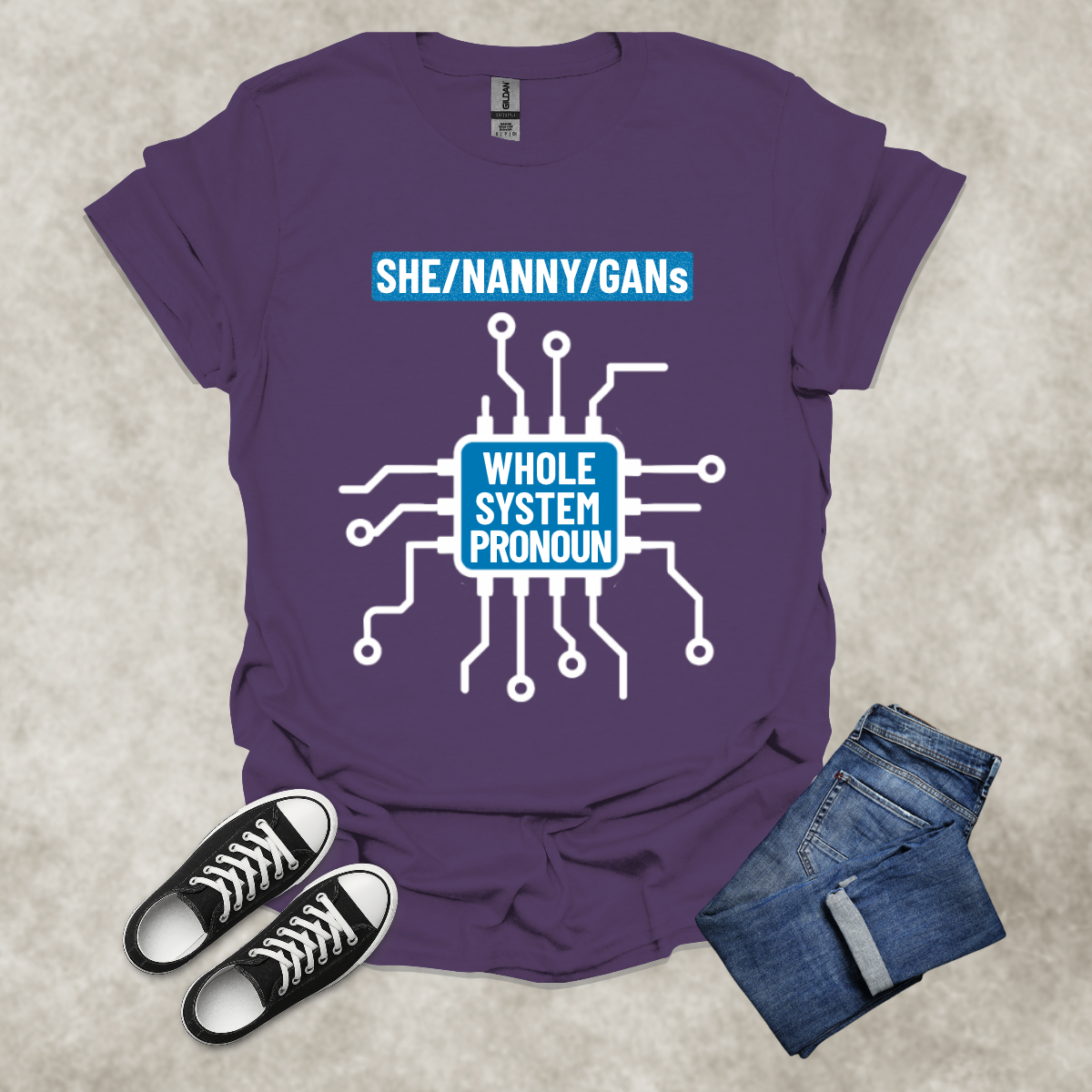 SHE/NANNY/GANs: WHOLE SYSTEM PRONOUN — Corporate Satire Tee: Unisex Softstyle T-Shirt