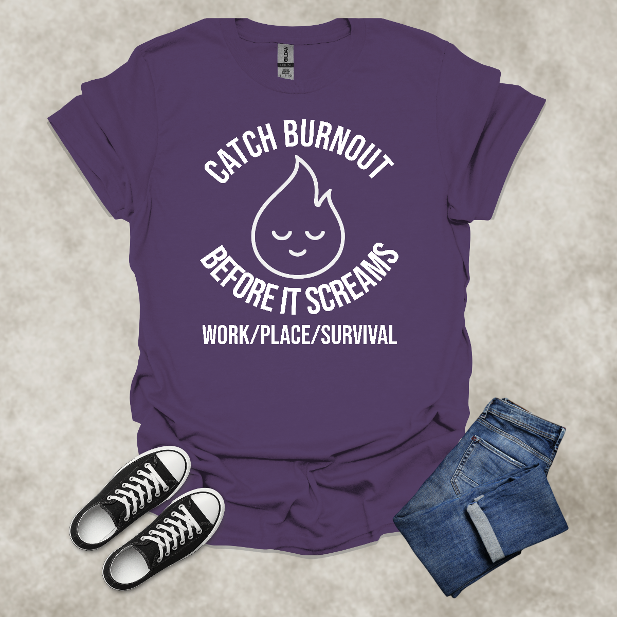 CATCH BURNOUT BEFORE IT SCREAMS: WORK/PLACE/SURVIVAL — Corporate Satire Tee: Unisex Softstyle T-Shirt