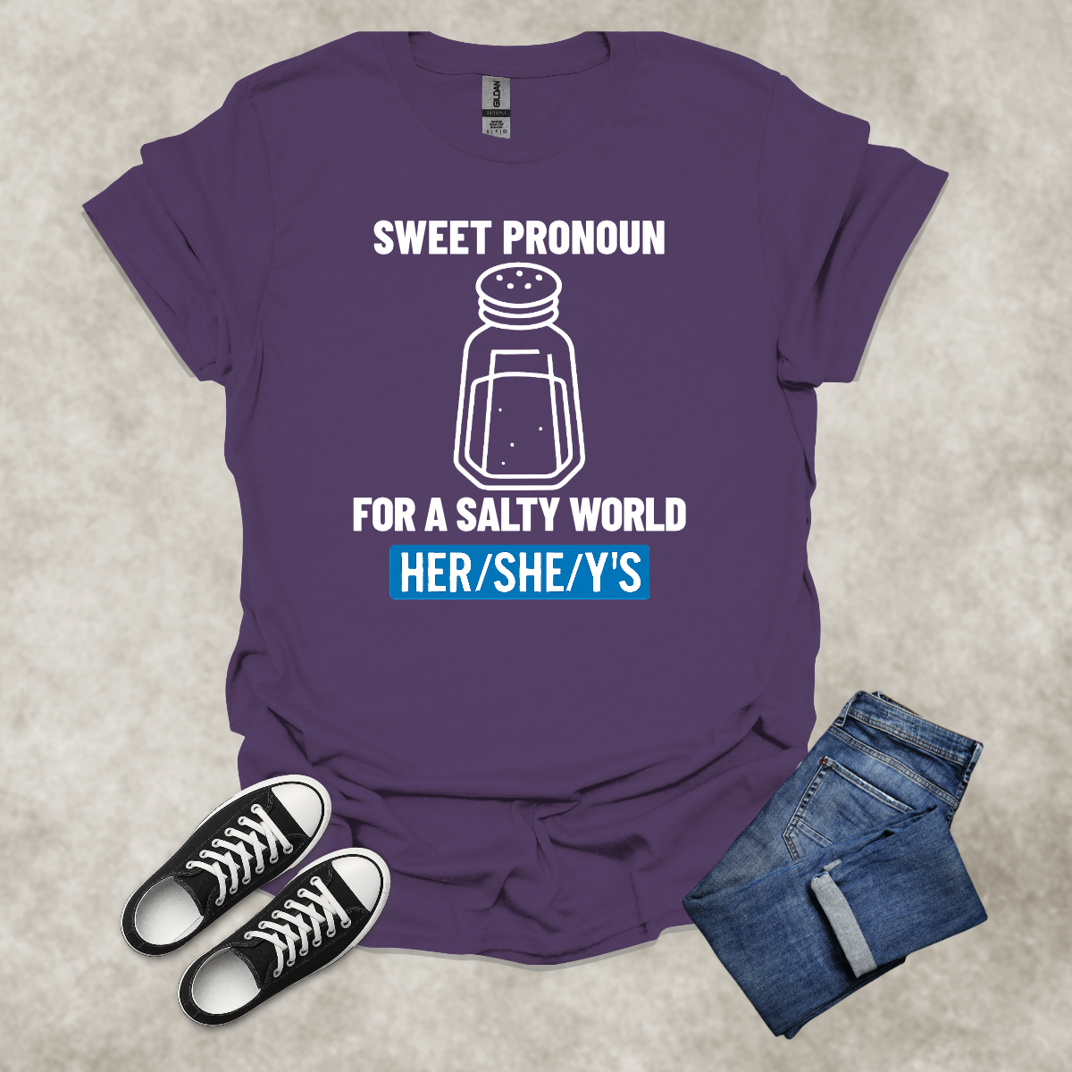 SWEET PRONOUN FOR A SALTY WORLD: HER/SHE/Y'S — Corporate Satire Tee: Unisex Softstyle T-Shirt