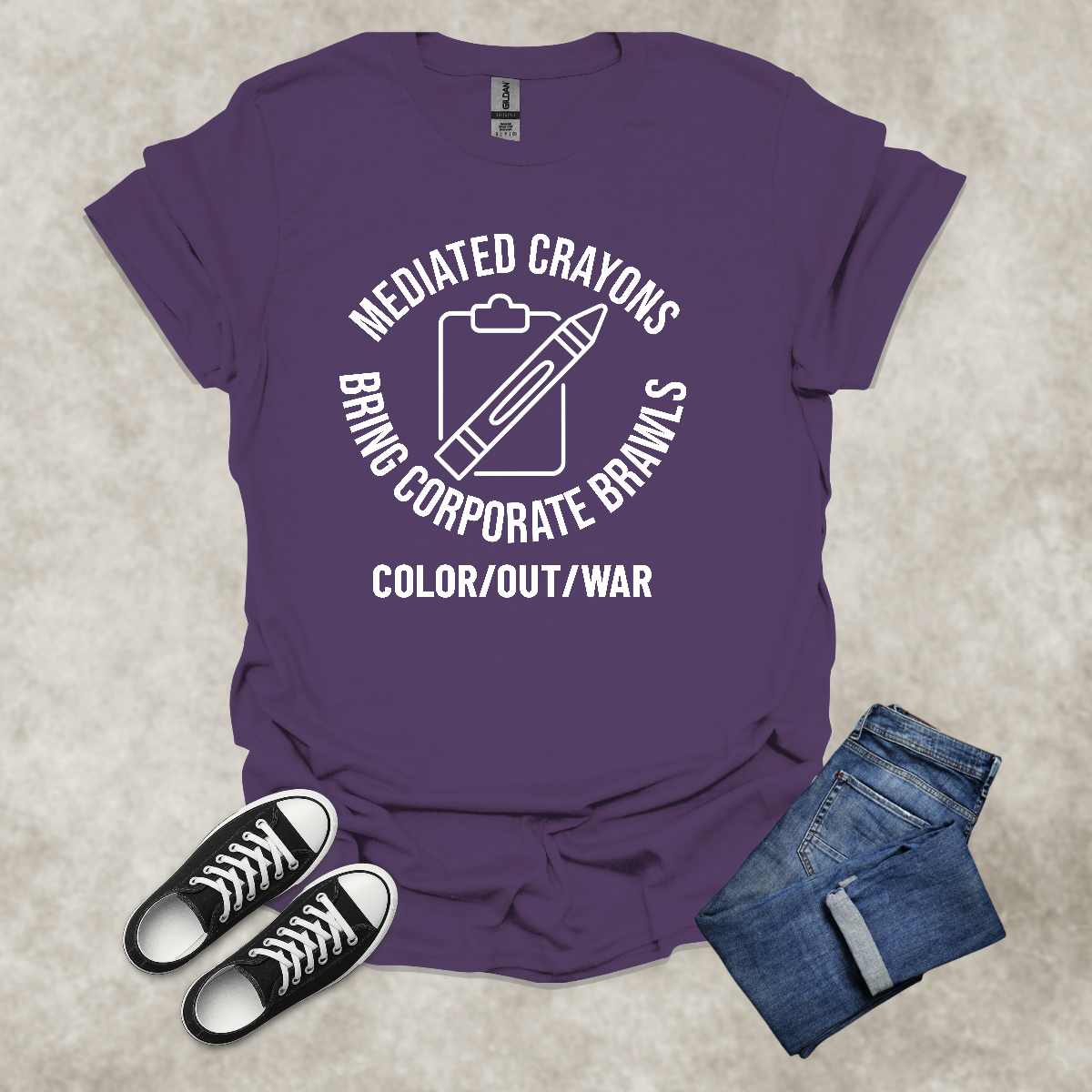 MEDIATED CRAYONS: BRING CORPORATE BRAWLS: COLOR/OUT/WAR — Corporate Satire Tee: Unisex Softstyle T-Shirt