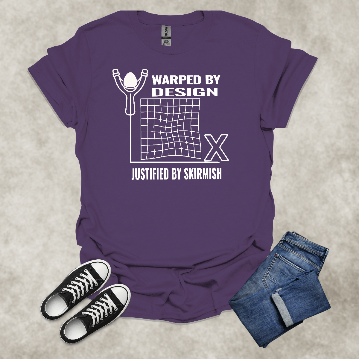 WARPED BY DESIGN: JUSTIFIED BY SKIRMISH — Corporate Satire Tee: Unisex Softstyle T-Shirt