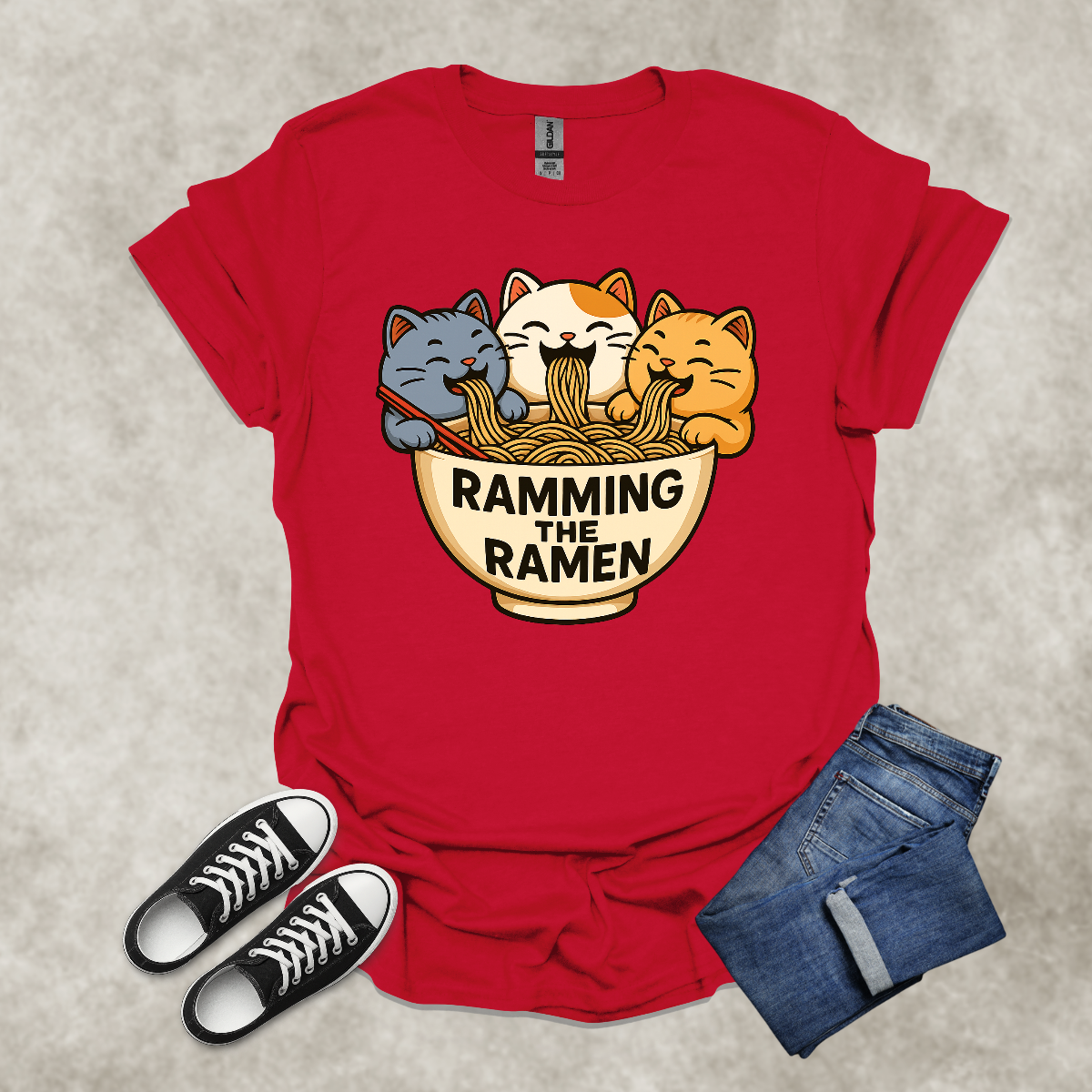 RAMMING THE RAMEN — Food & Cat Humor Tee: Unisex Softstyle T-Shirt