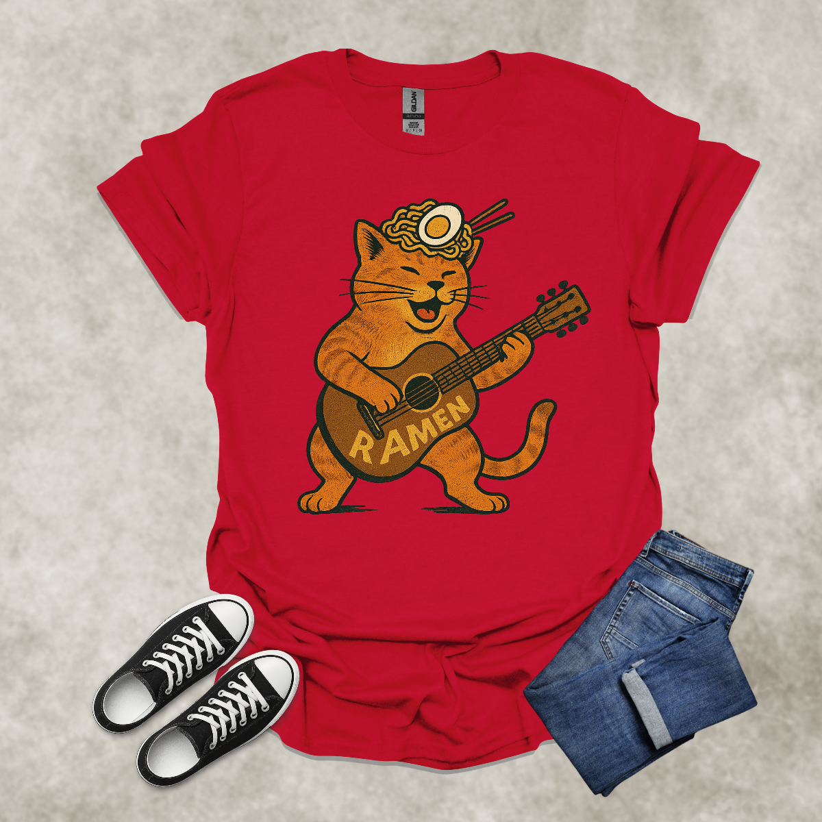 RAMEN GUITARIST CAT — Food & Music Satire Tee: Unisex Softstyle T-Shirt