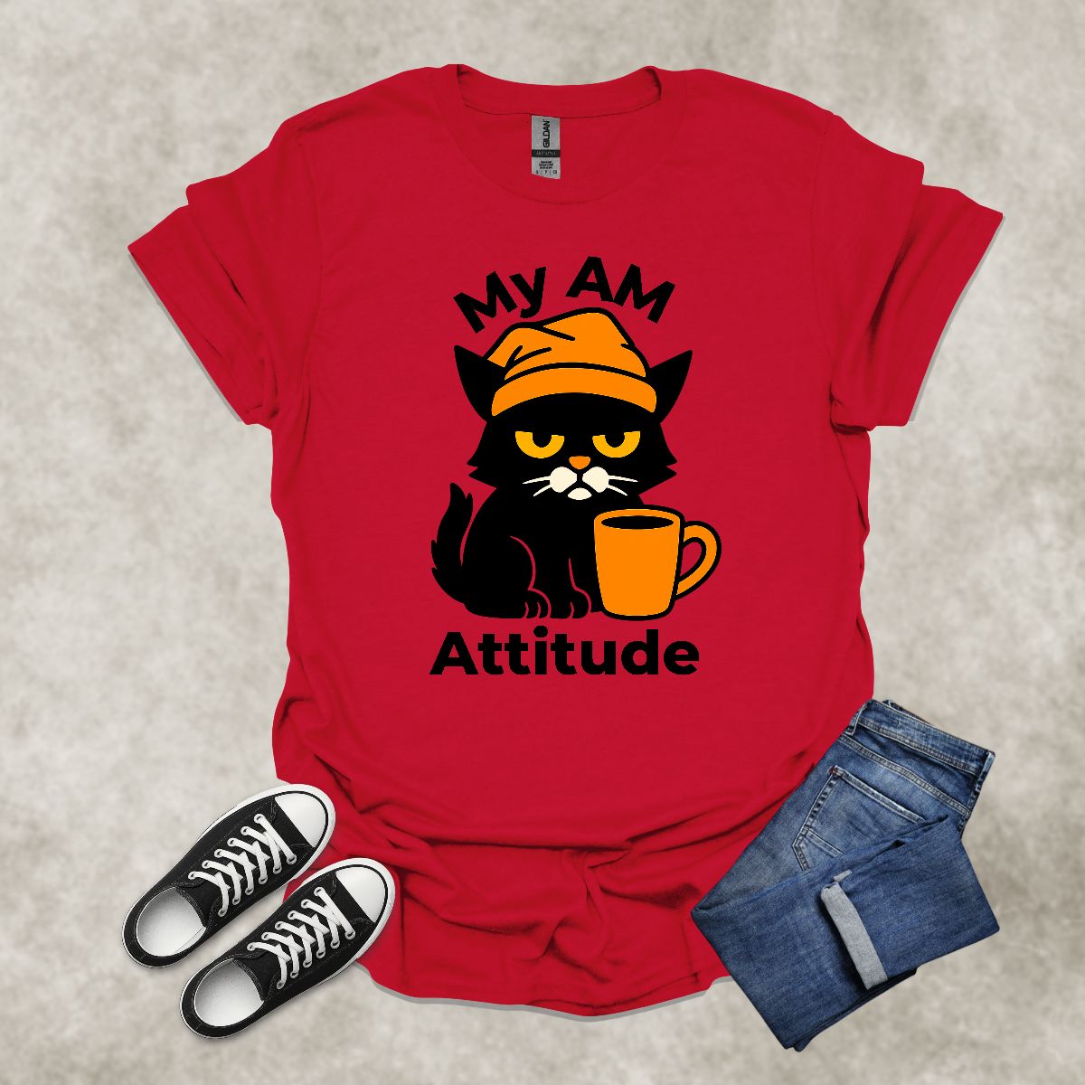 MY AM ATTITUDE — Coffee & Cat Humor Tee: Unisex Softstyle T-Shirt