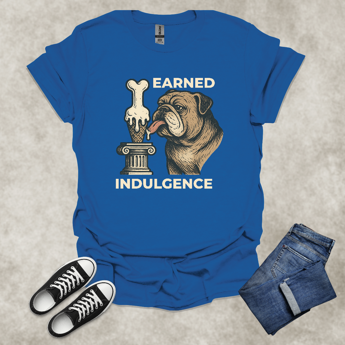 EARNED INDULGENCE — Bulldog Humor Graphic Tee: Unisex Softstyle T-Shirt