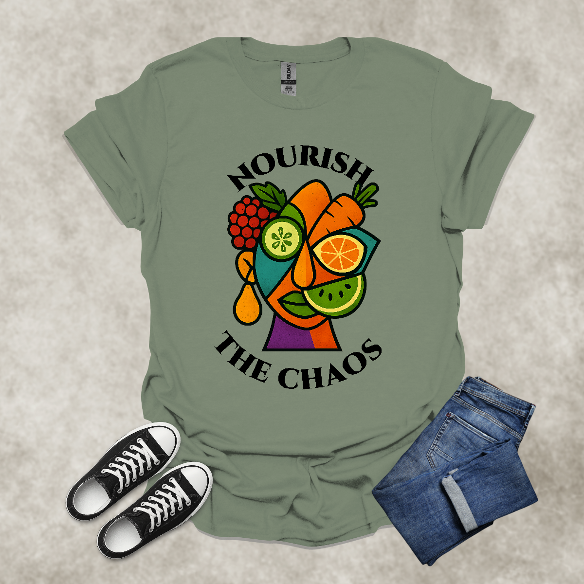 NOURISH THE CHAOS — Abstract Veggie Art Tee: Unisex Softstyle T-Shirt