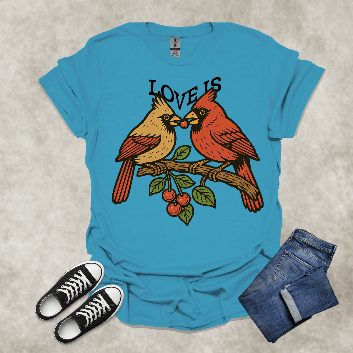 LOVE IS — Cardinal Couple Art Tee: Unisex Softstyle T-Shirt