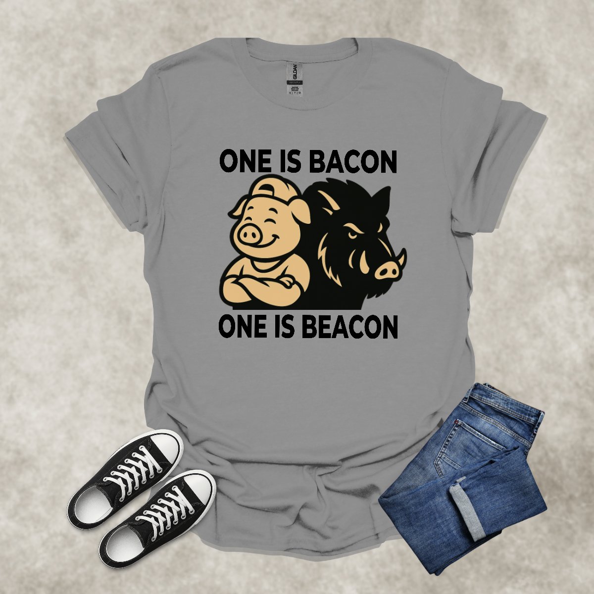 ONE IS BACON: ONE IS BEACON — Food & Wordplay Satire Tee: Unisex Softstyle T-Shirt