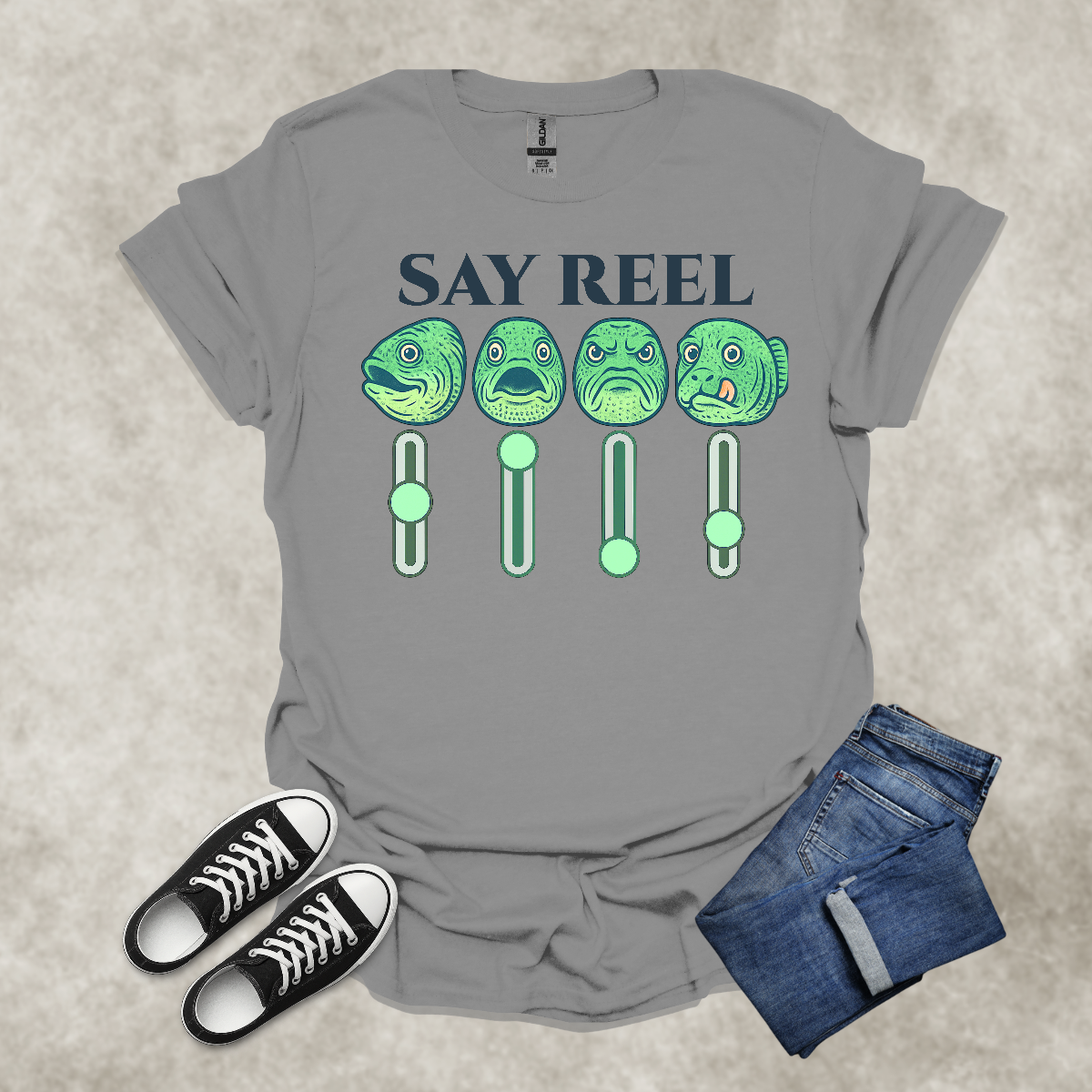 SAY REEL — Fishing & Music Satire Tee: Unisex Softstyle T-Shirt
