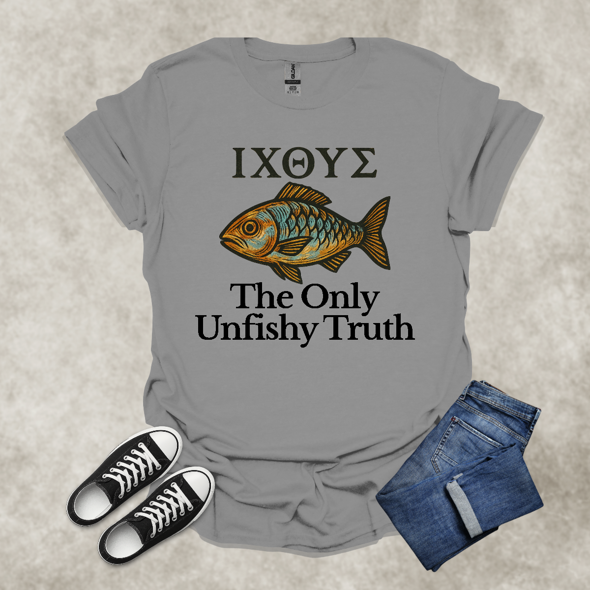 ΙΧΘΥΣ. THE ONLY UNFISHY TRUTH — Scripture-Inspired Graphic Tee: Unisex Softstyle T-Shirt