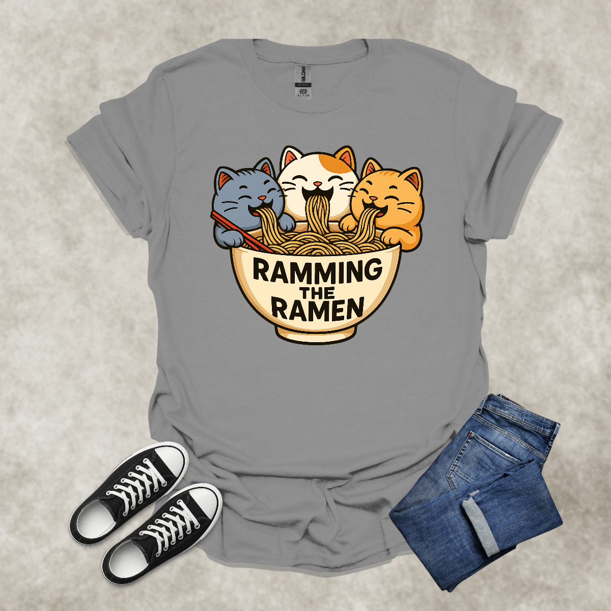 RAMMING THE RAMEN — Food & Cat Humor Tee: Unisex Softstyle T-Shirt