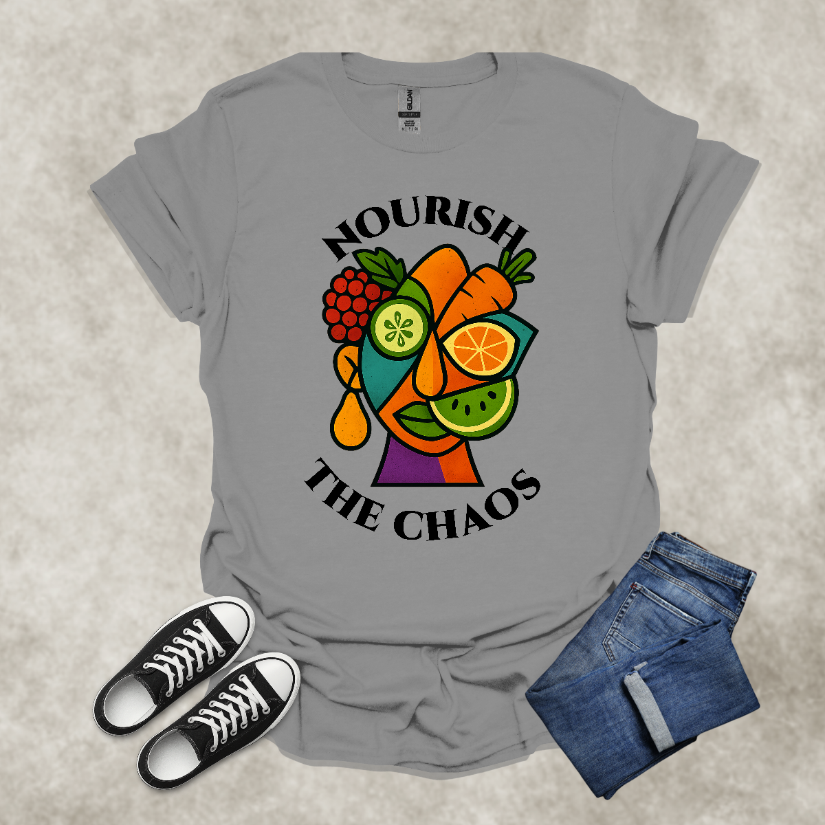 NOURISH THE CHAOS — Abstract Veggie Art Tee: Unisex Softstyle T-Shirt