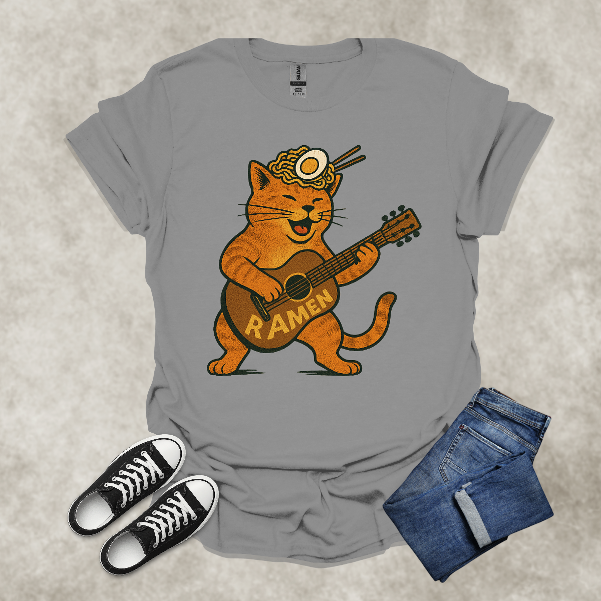 RAMEN GUITARIST CAT — Food & Music Satire Tee: Unisex Softstyle T-Shirt