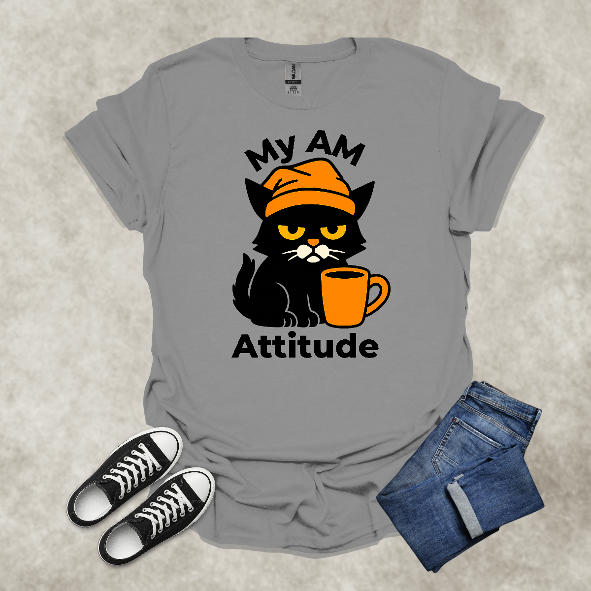 MY AM ATTITUDE — Coffee & Cat Humor Tee: Unisex Softstyle T-Shirt