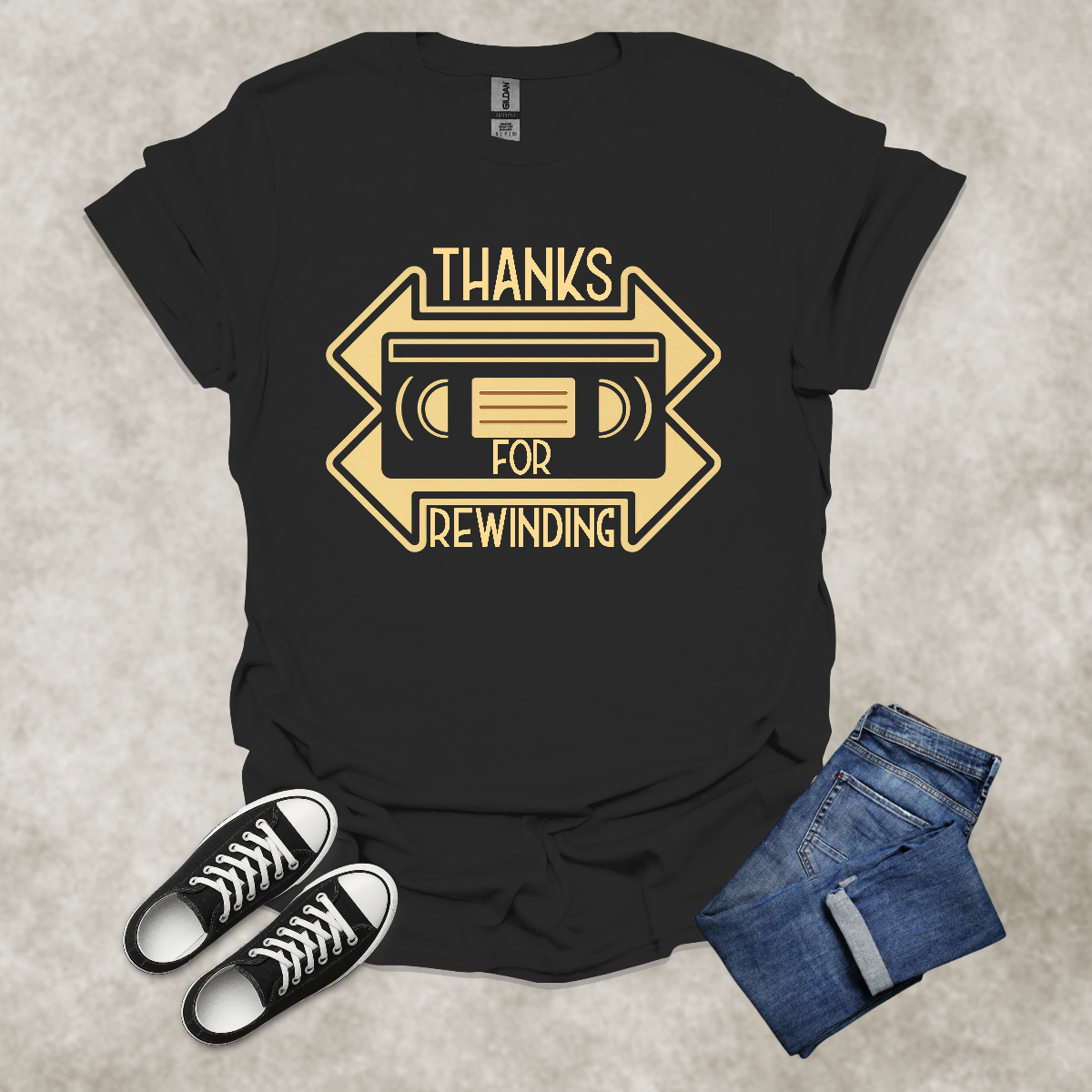 THANKS FOR REWINDING — Retro VHS Nostalgia Tee: Unisex Softstyle T-Shirt