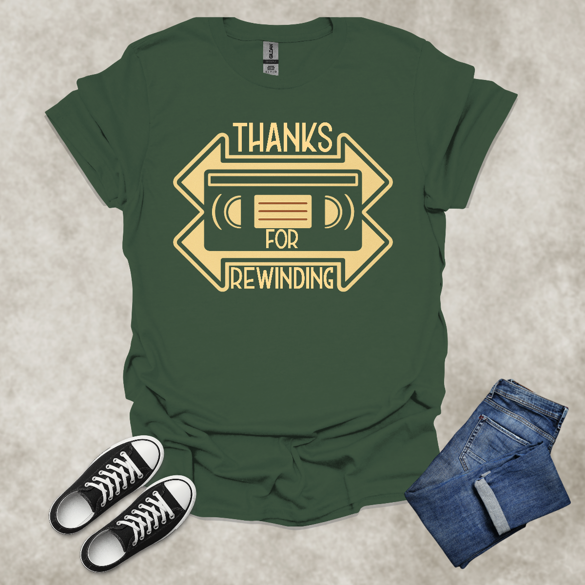 THANKS FOR REWINDING — Retro VHS Nostalgia Tee: Unisex Softstyle T-Shirt