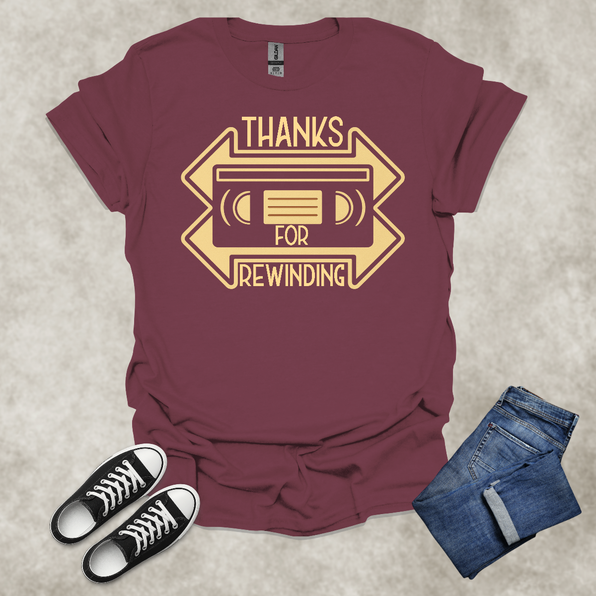 THANKS FOR REWINDING — Retro VHS Nostalgia Tee: Unisex Softstyle T-Shirt