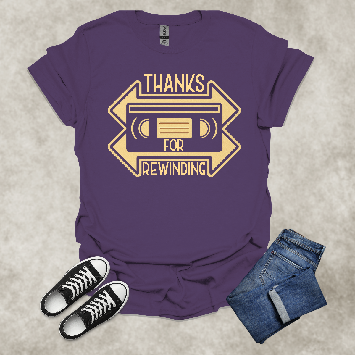 THANKS FOR REWINDING — Retro VHS Nostalgia Tee: Unisex Softstyle T-Shirt