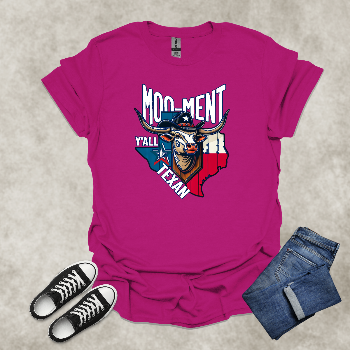 MOO-MENT Y’ALL TEXAN — Texas State Pride Humor Tee: Unisex Softstyle T-Shirt