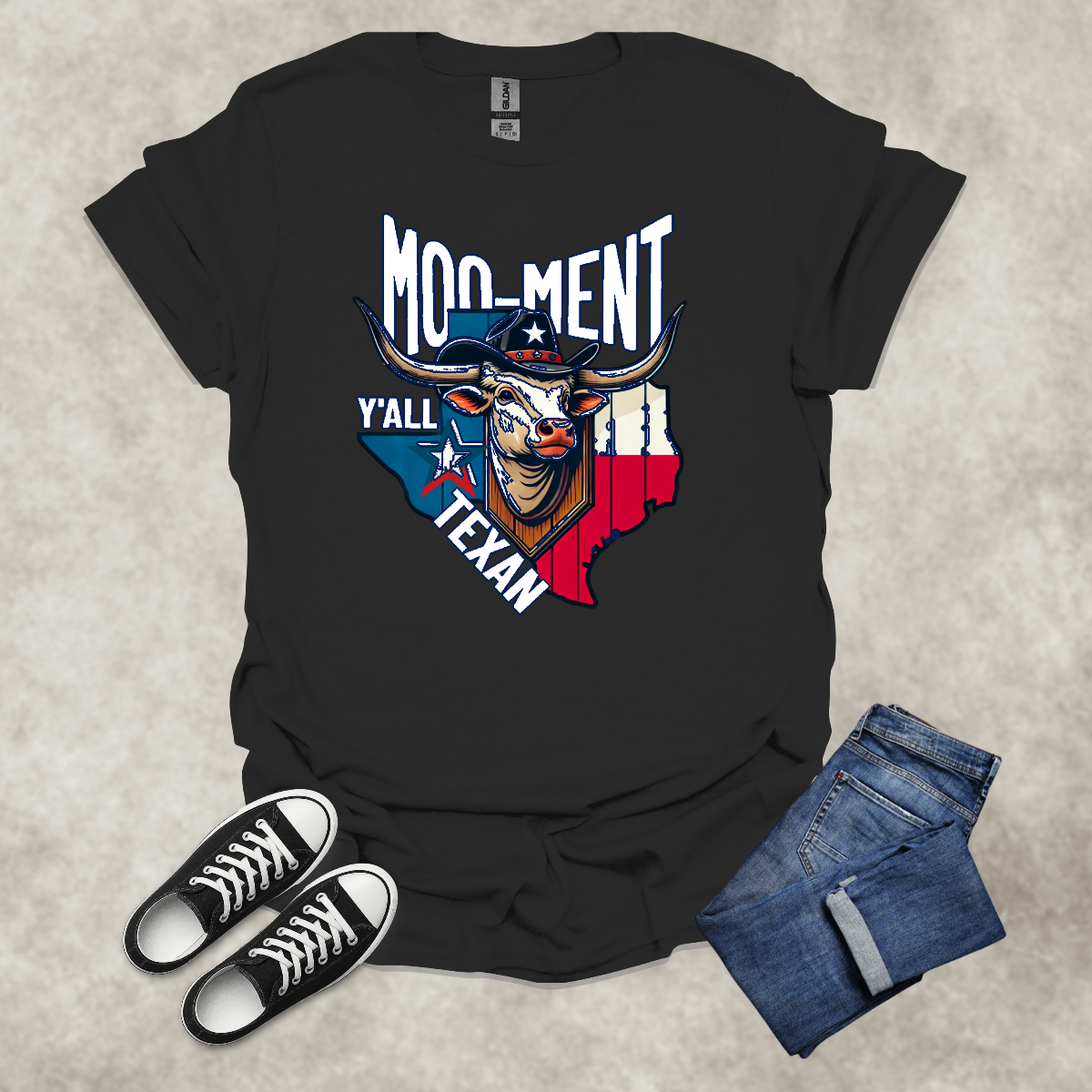MOO-MENT Y’ALL TEXAN — Texas State Pride Humor Tee: Unisex Softstyle T-Shirt