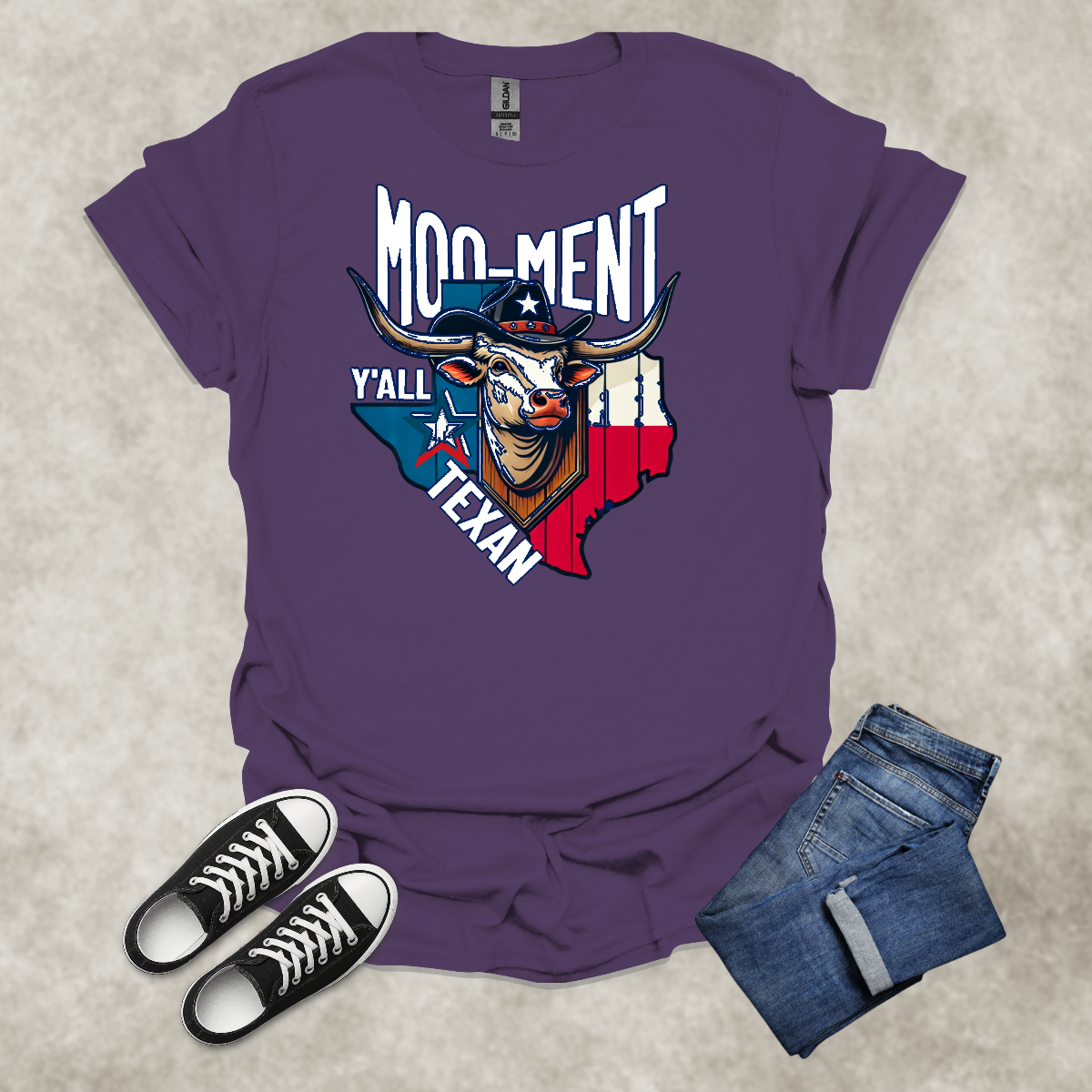MOO-MENT Y’ALL TEXAN — Texas State Pride Humor Tee: Unisex Softstyle T-Shirt