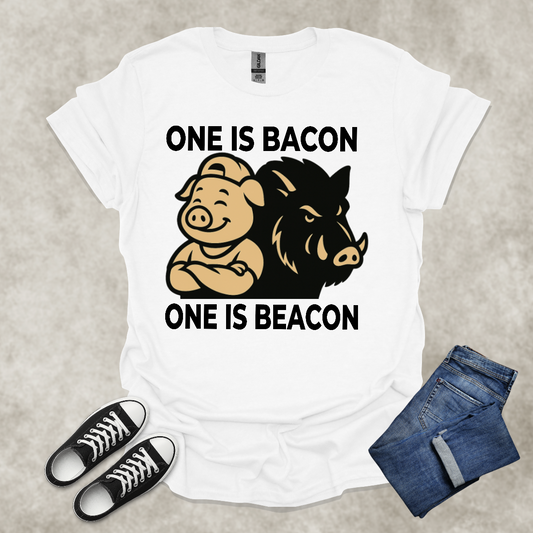 ONE IS BACON: ONE IS BEACON — Food & Wordplay Satire Tee: Unisex Softstyle T-Shirt