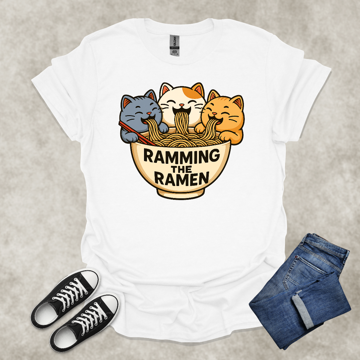 RAMMING THE RAMEN — Food & Cat Humor Tee: Unisex Softstyle T-Shirt