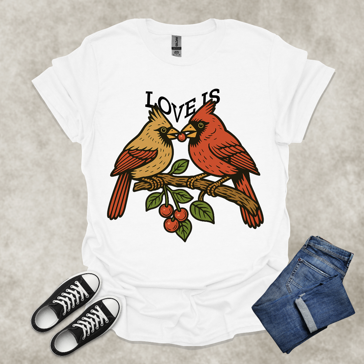 LOVE IS — Cardinal Couple Art Tee: Unisex Softstyle T-Shirt