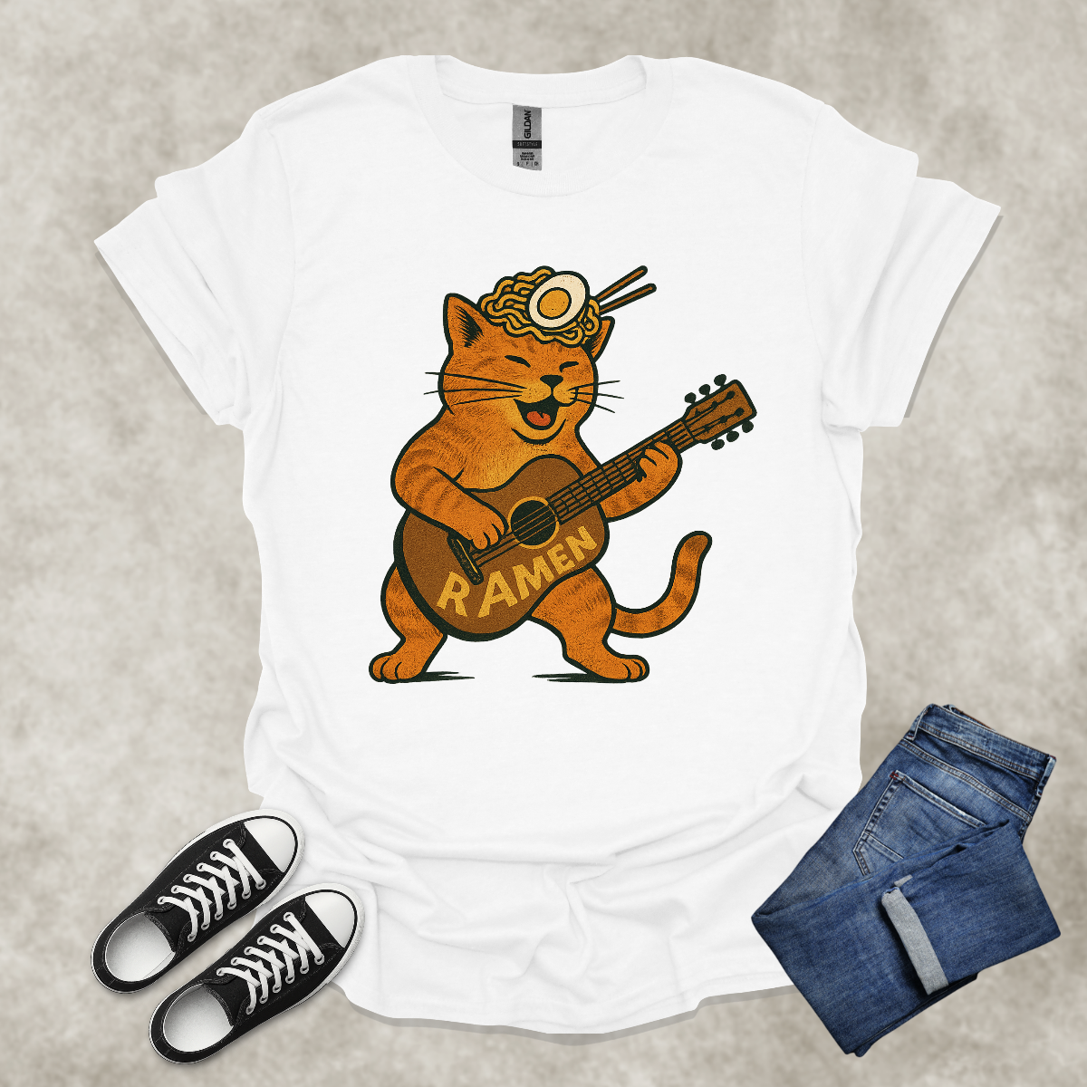 RAMEN GUITARIST CAT — Food & Music Satire Tee: Unisex Softstyle T-Shirt