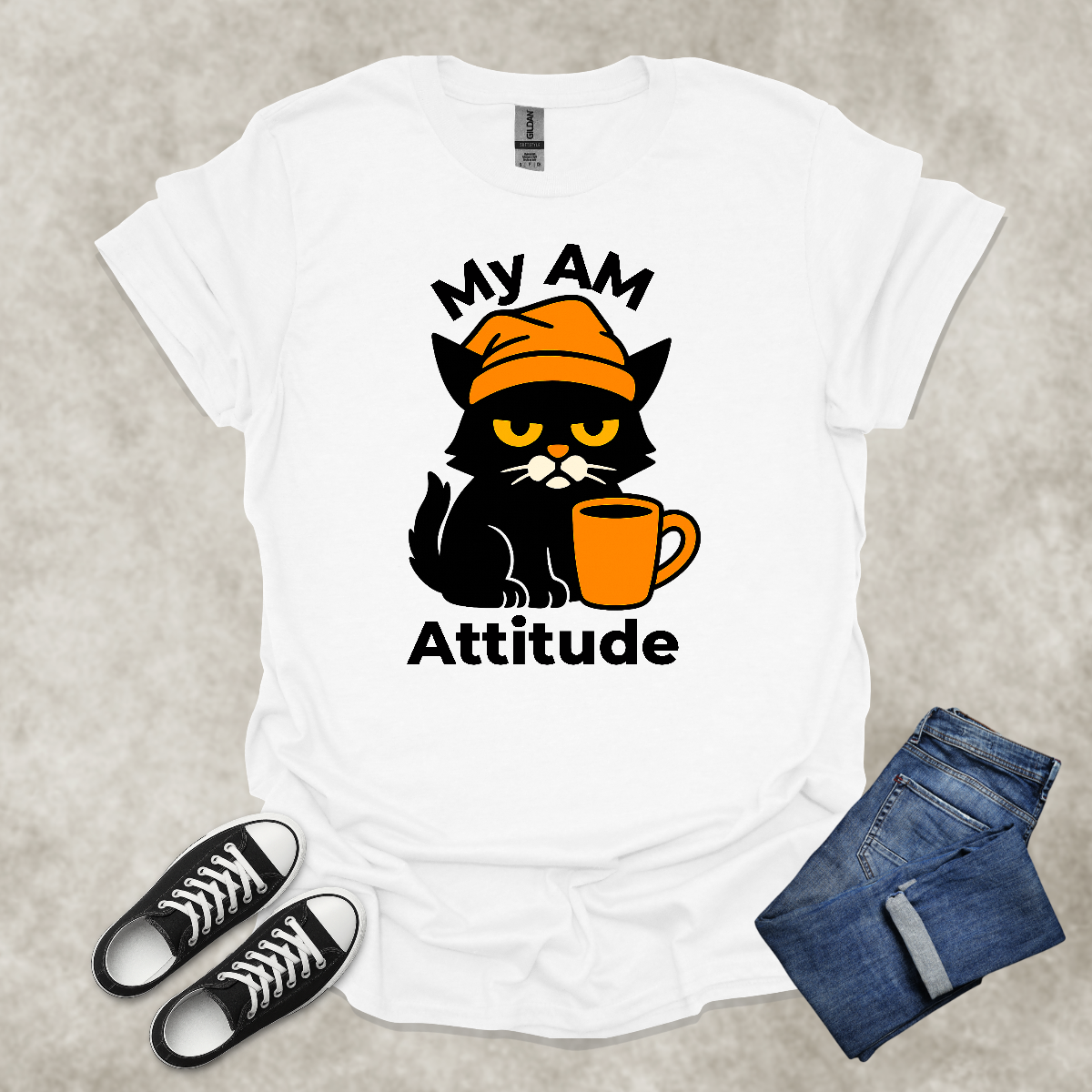 MY AM ATTITUDE — Coffee & Cat Humor Tee: Unisex Softstyle T-Shirt