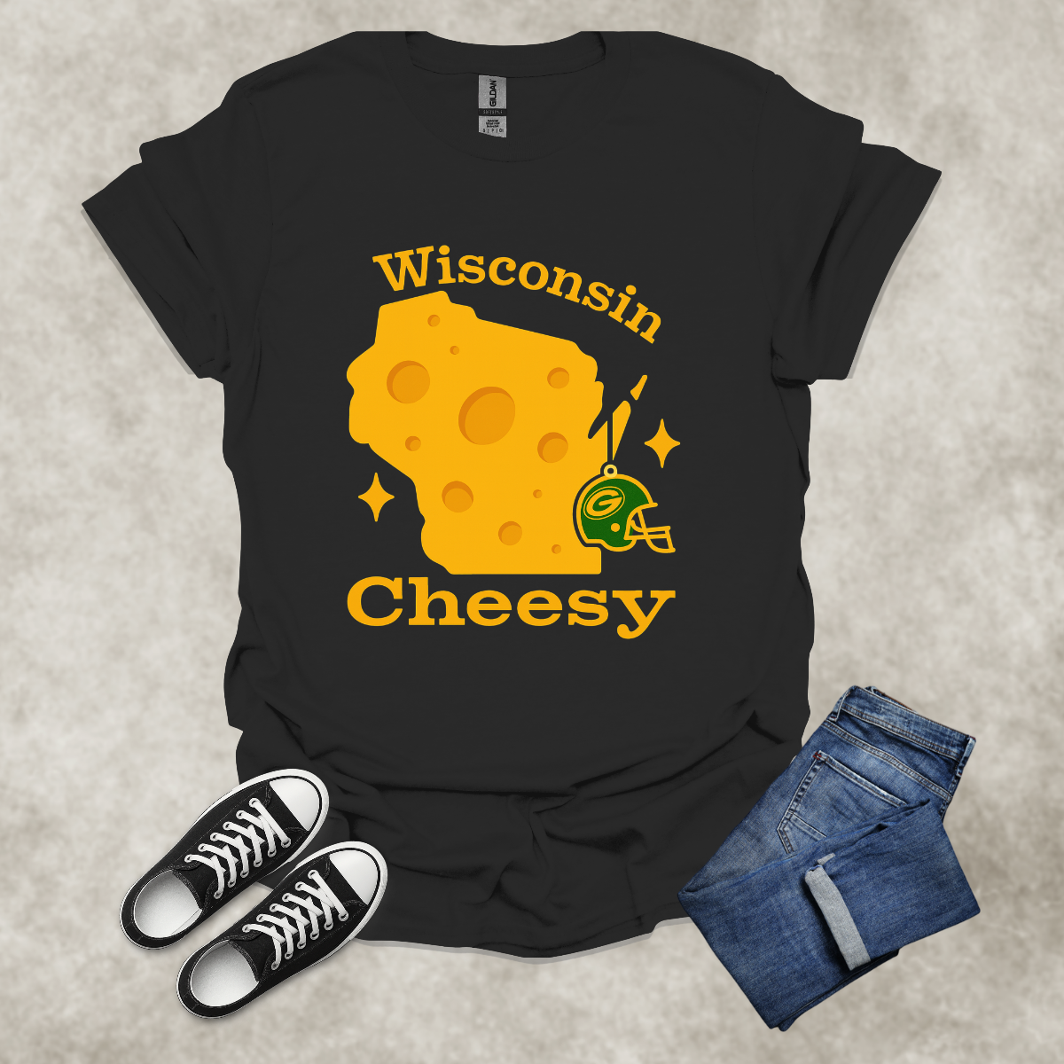 WISCONSIN: CHEESY — Cheese & Football Graphic Tee: Unisex Softstyle T-Shirt