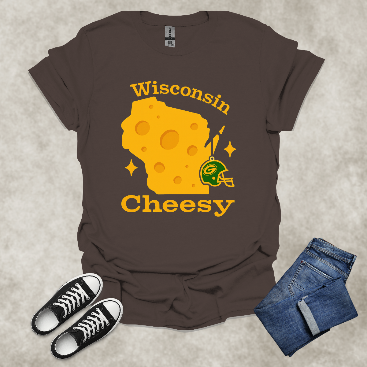 WISCONSIN: CHEESY — Cheese & Football Graphic Tee: Unisex Softstyle T-Shirt