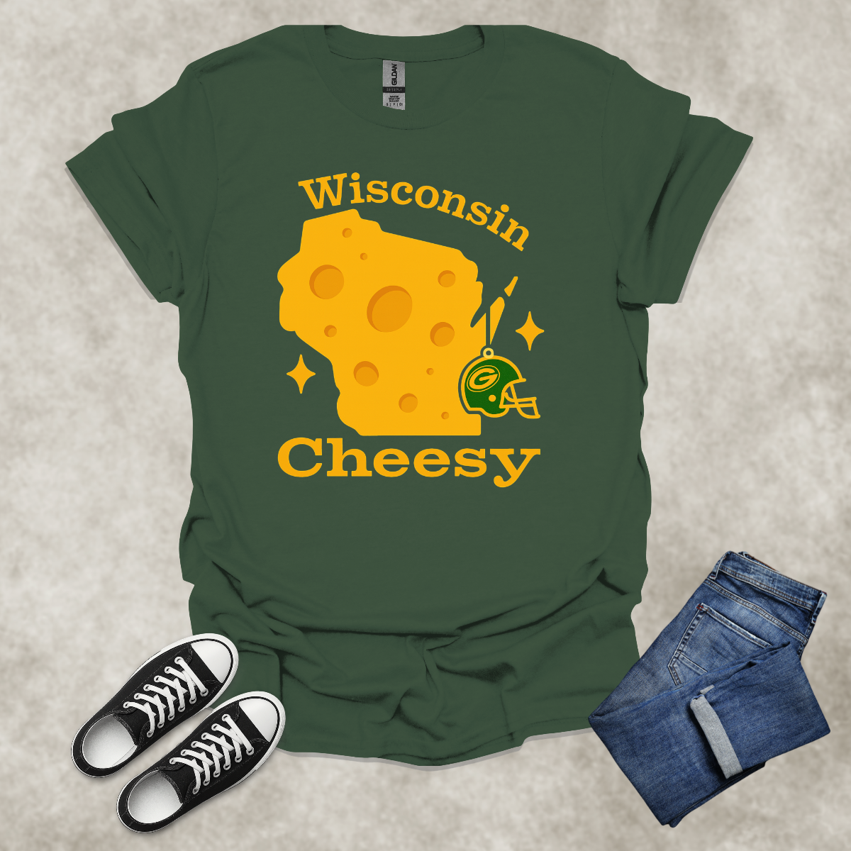 WISCONSIN: CHEESY — Cheese & Football Graphic Tee: Unisex Softstyle T-Shirt