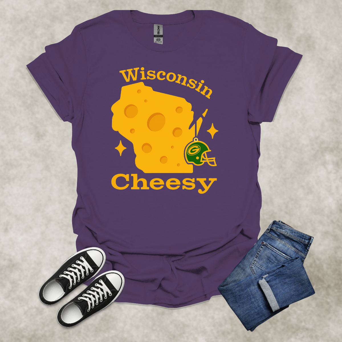 WISCONSIN: CHEESY — Cheese & Football Graphic Tee: Unisex Softstyle T-Shirt
