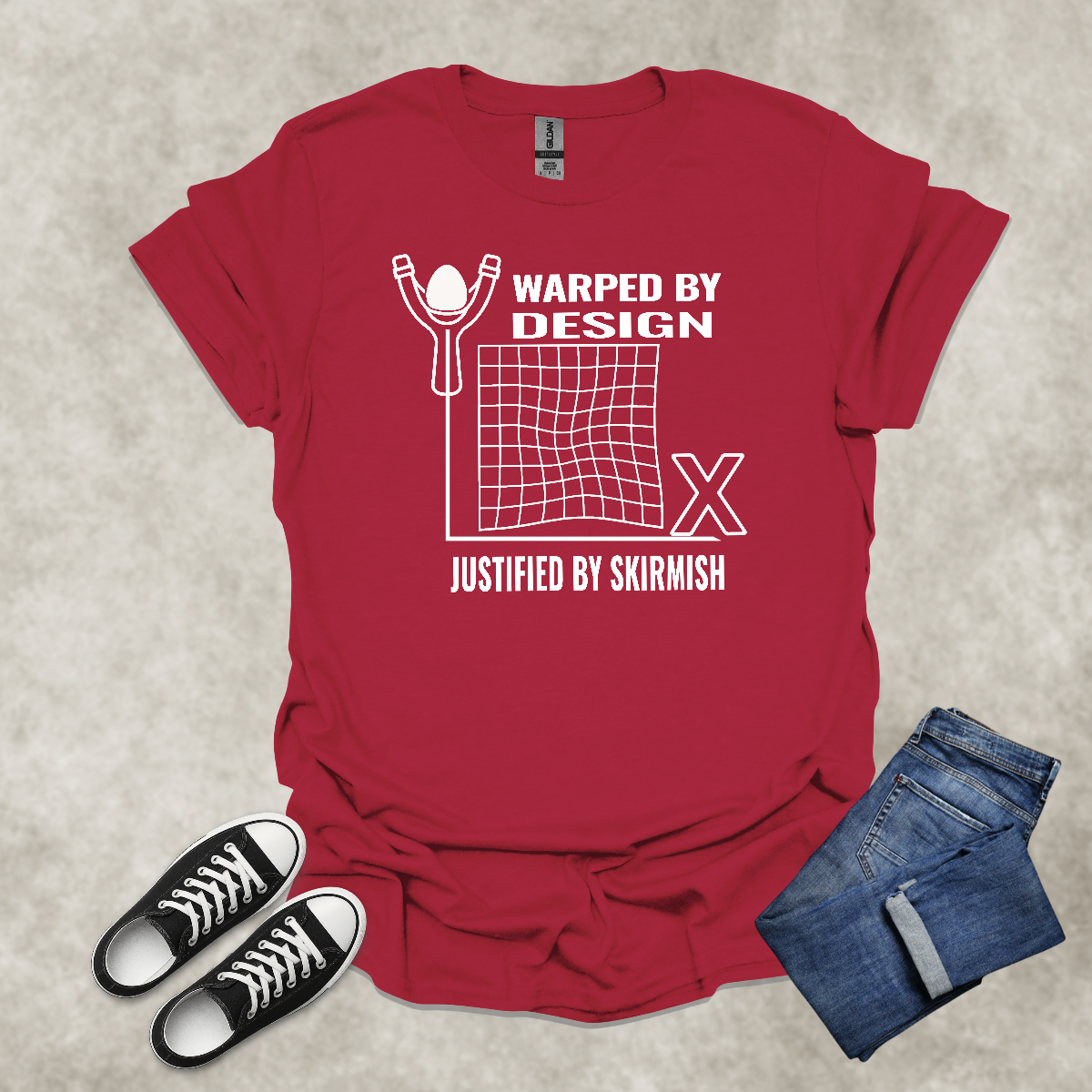 WARPED BY DESIGN: JUSTIFIED BY SKIRMISH — Corporate Satire Tee: Unisex Softstyle T-Shirt