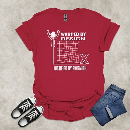 WARPED BY DESIGN: JUSTIFIED BY SKIRMISH — Corporate Satire Tee: Unisex Softstyle T-Shirt