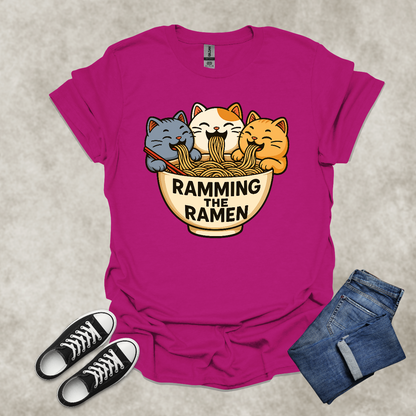 RAMMING THE RAMEN — Food & Cat Humor Tee: Unisex Softstyle T-Shirt