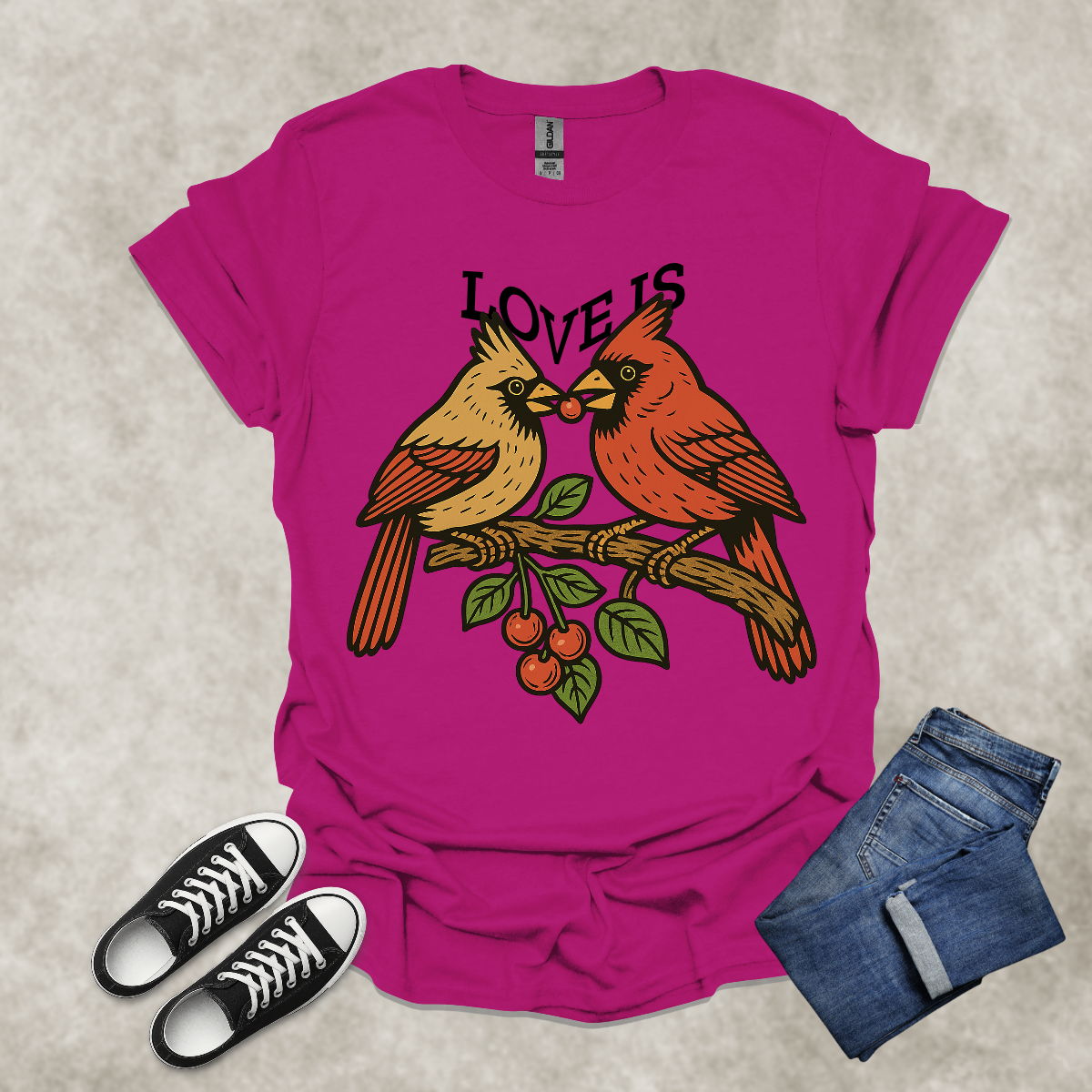 LOVE IS — Cardinal Couple Art Tee: Unisex Softstyle T-Shirt