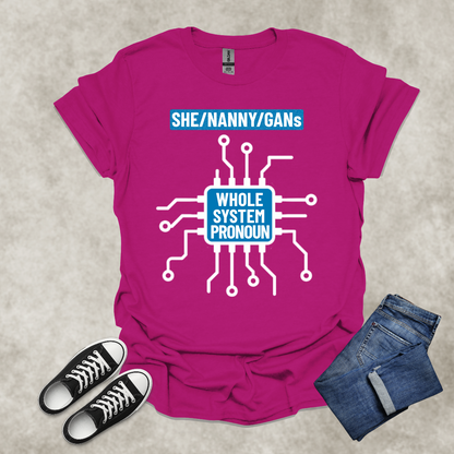 SHE/NANNY/GANs: WHOLE SYSTEM PRONOUN — Corporate Satire Tee: Unisex Softstyle T-Shirt