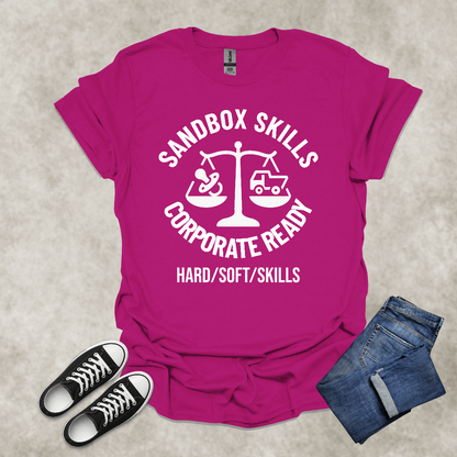SANDYBOX SKILLS: CORPORATE READY: HARD/SOFT/SKILLS — Corporate Satire Tee: Unisex Softstyle T-Shirt