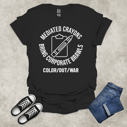 MEDIATED CRAYONS: BRING CORPORATE BRAWLS: COLOR/OUT/WAR — Corporate Satire Tee: Unisex Softstyle T-Shirt