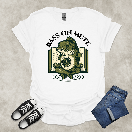 BASS ON MUTE — Yoga-Inspired Fishing & Music Tee: Unisex Softstyle T-Shirt