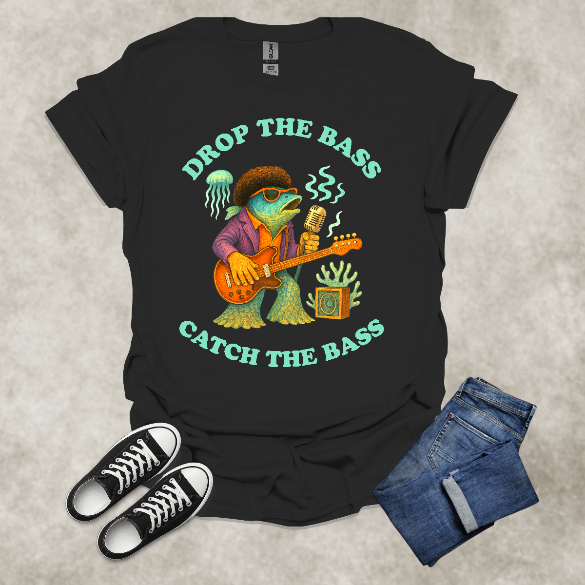 DROP THE BASS: CATCH THE BASS — Music & Fishing Satire Tee: Unisex Softstyle T-Shirt