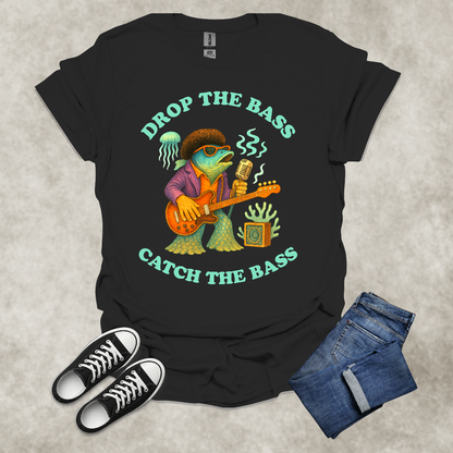 DROP THE BASS: CATCH THE BASS — Music & Fishing Satire Tee: Unisex Softstyle T-Shirt