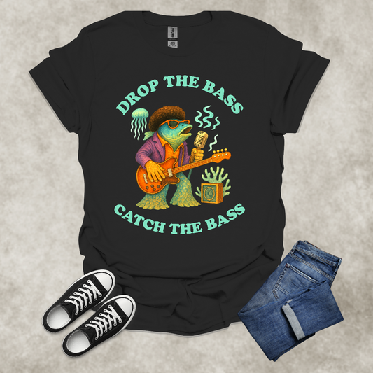 DROP THE BASS: CATCH THE BASS — Music & Fishing Satire Tee: Unisex Softstyle T-Shirt