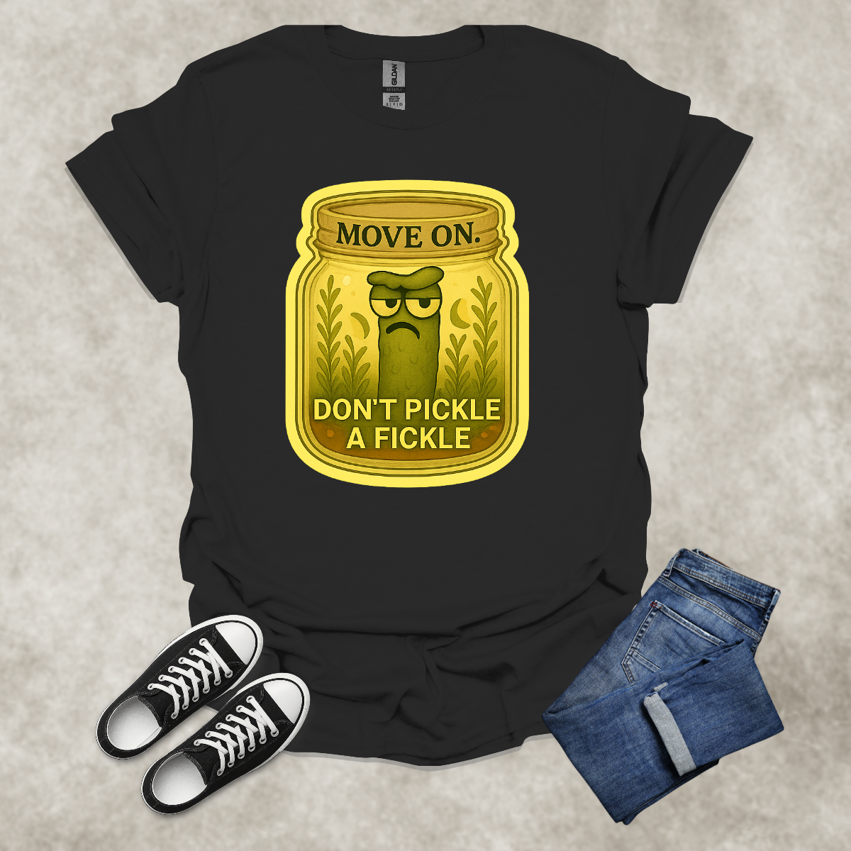 MOVE ON: DON’T PICKLE A FICKLE — Food & Relationship Satire Tee: Unisex Softstyle T-Shirt
