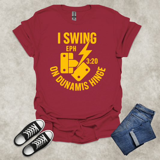 I SWING ON DUNAMIS HINGE — Scripture-Inspired Graphic Tee: Unisex Softstyle T-Shirt