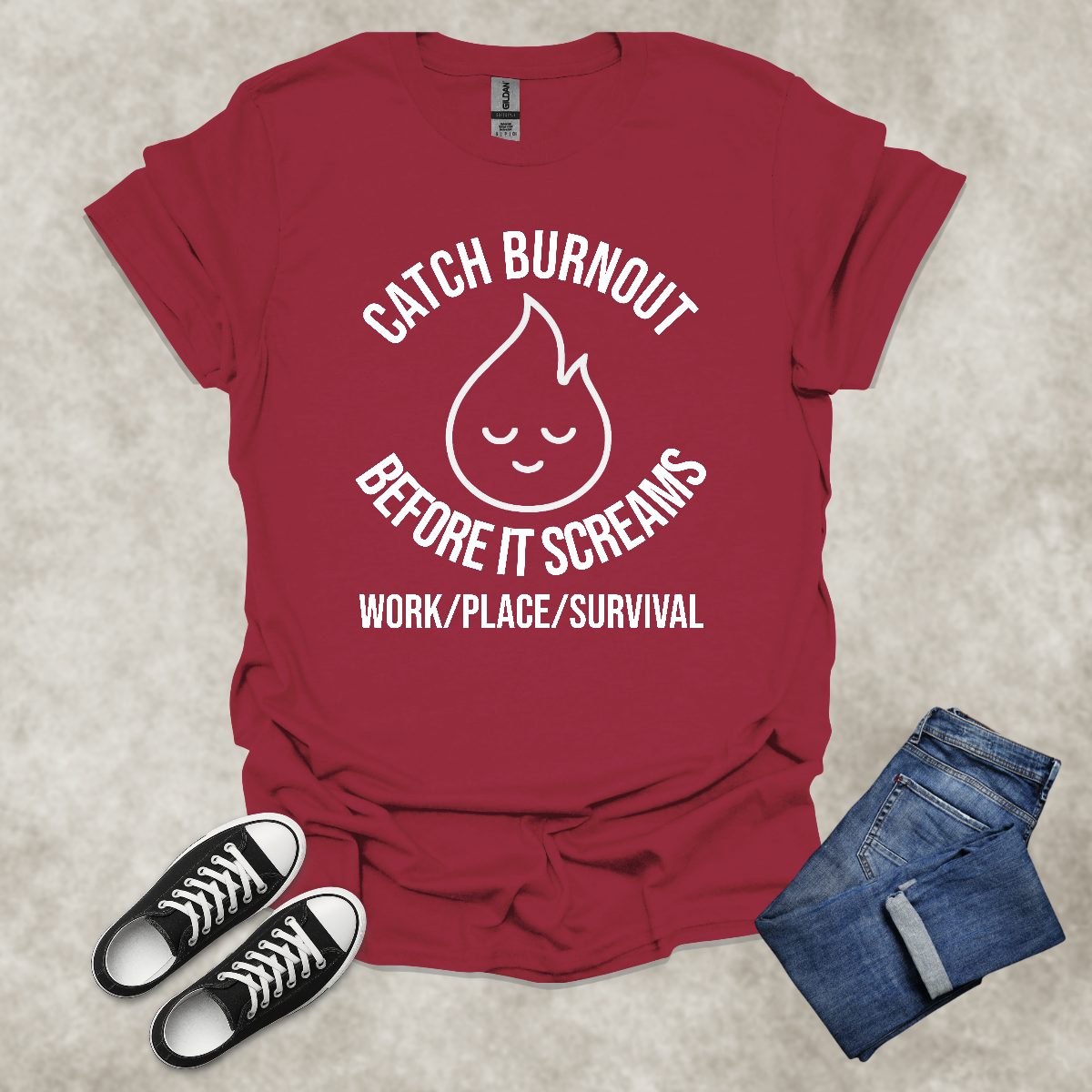 CATCH BURNOUT BEFORE IT SCREAMS: WORK/PLACE/SURVIVAL —  Corporate Satire Tee: Unisex Softstyle T-Shirt