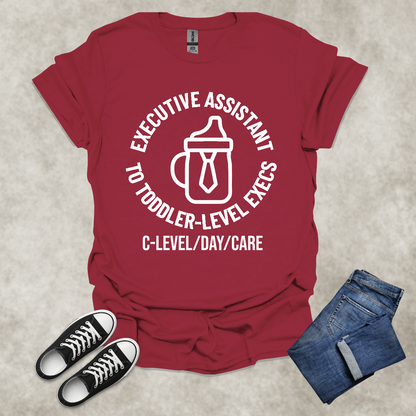 EXE ASSISTANT TO TODDLER-LEVEL EXECS: C-LEVEL/DAY/CARE — Corporate Satire Tee: Unisex Softstyle T-Shirt